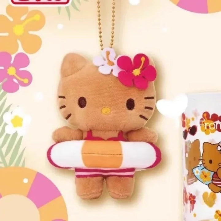 NEW Bikini hello Kittys Keychain Plush Doll Pendant Sanrios Hawaii Swim Ring Dark Skin Kitty Stuffed Doll Bag Accessories gift