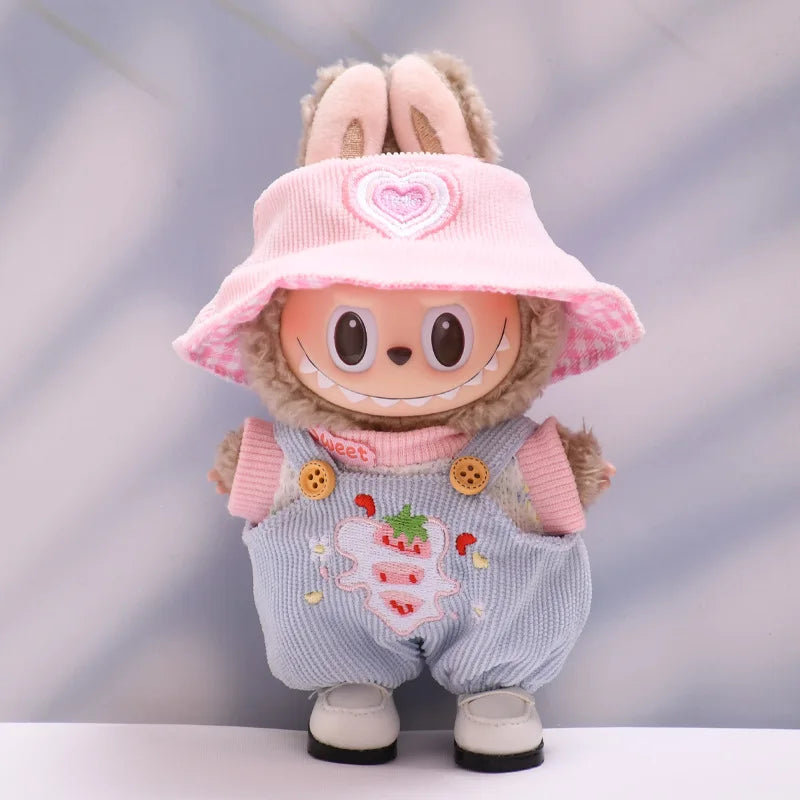 Clothes For Labubu Dolls Labubu Accessories 1st 2nd 3rd Gen Strawberry Bib Pants Hat Set Accessories