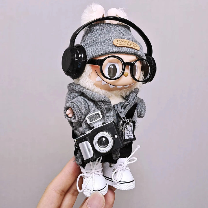 15cm/17cm Labubu Universal Hoodie Set Gray Trendy Outfit with Camera Glasses Headphones & Canvas Shoes Series 1-3 Compatible