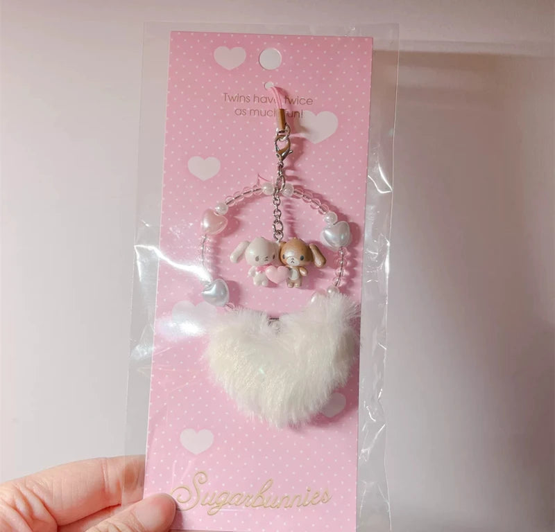 Sugarbunnies Strap Phone Keychain Fluffy Heart Shirousa Kurousa Bunny Cute Kawaii Keychains Mascot Keyholder Small Gift