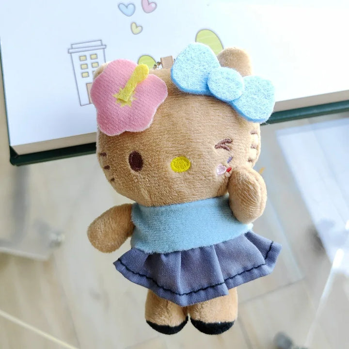 Kawaii Sanrio Hello Kitty  Black Skin Hawaiian Series Mermaid Surfboard  Keychain Plush Toys Backpack Pendant Girls Accessories