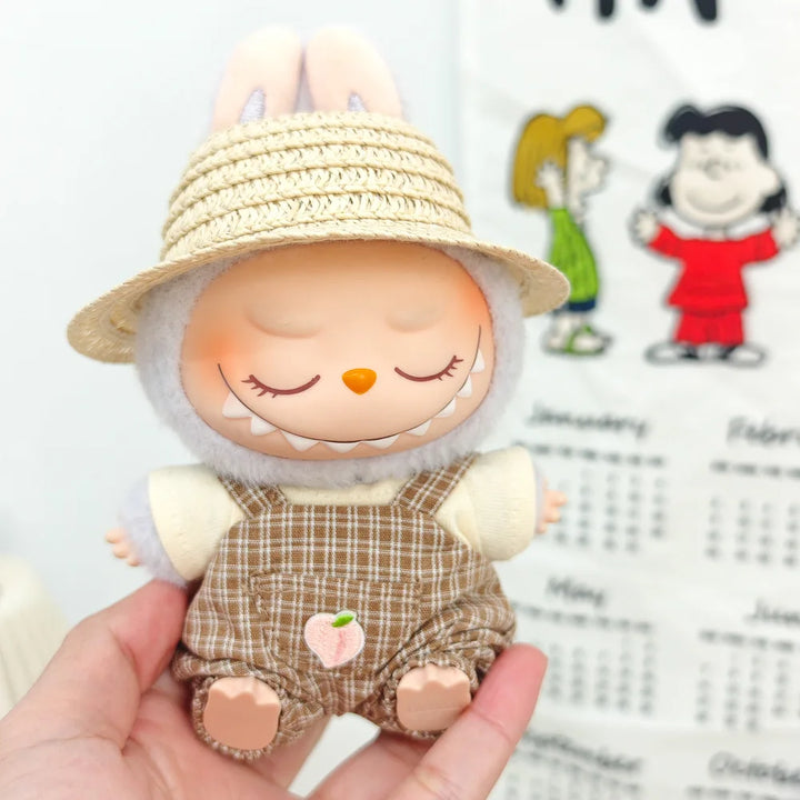15cm/17cm Labubu Doll Clothing Sitting Party First And Second Generation Summer Straw Hat Short Sleeve Pants Set Accessories
