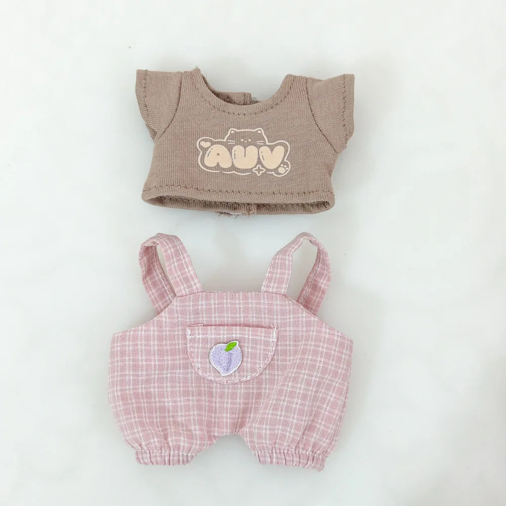 15cm/17cm Labubu Doll Clothing Sitting Party First And Second Generation Summer Straw Hat Short Sleeve Pants Set Accessories