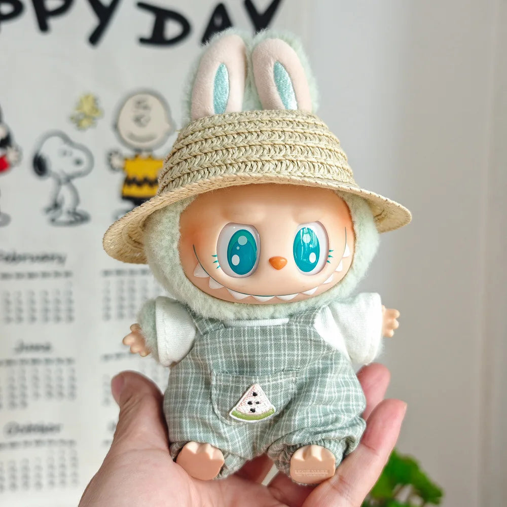 15cm/17cm Labubu Doll Clothing Sitting Party First And Second Generation Summer Straw Hat Short Sleeve Pants Set Accessories