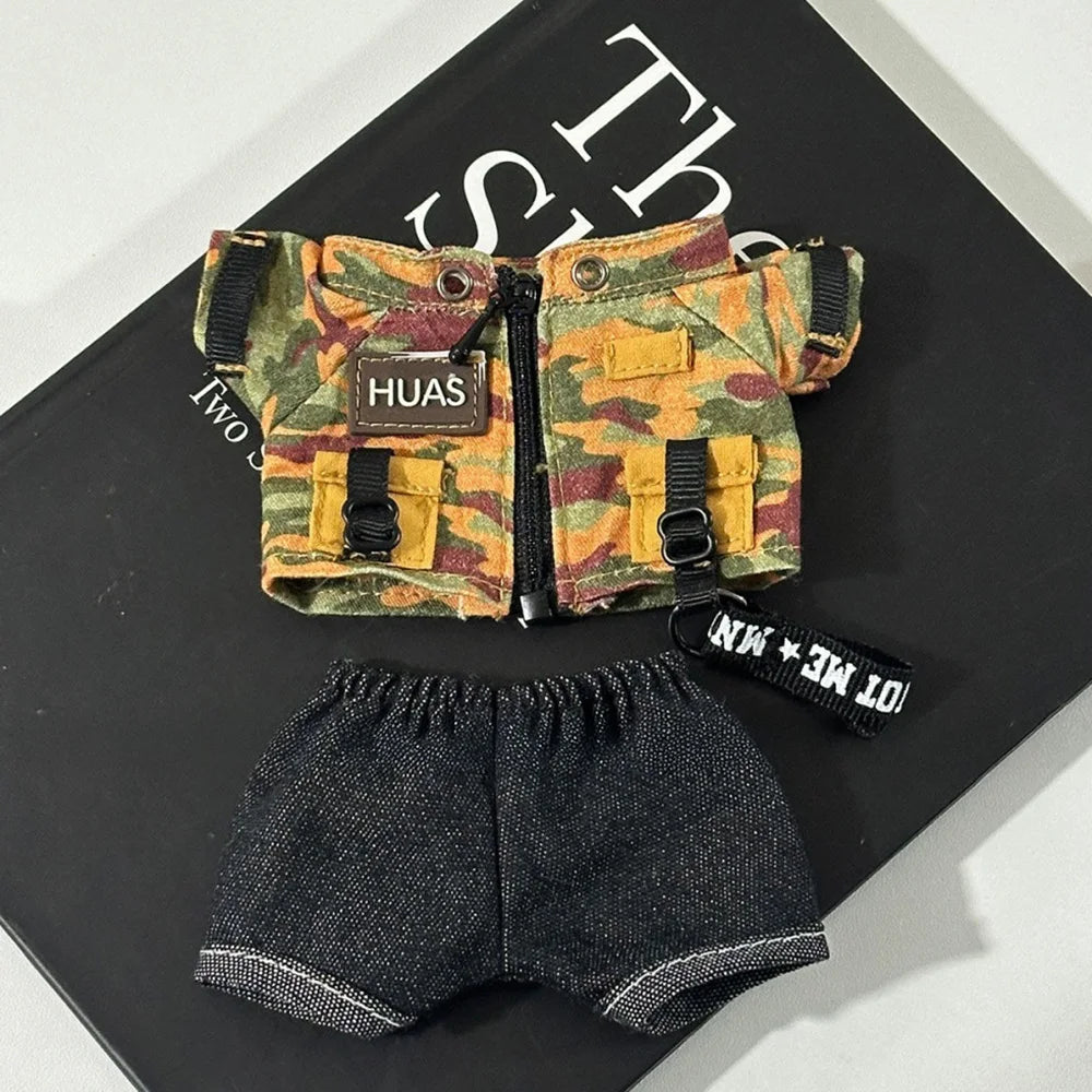 15/17cm Labubu Clothes Trendy Fisherman Hat Camouflage Suit Kawaii Mini V1 V2 V3 Labubu Clothing Plush Doll Accessories Gift