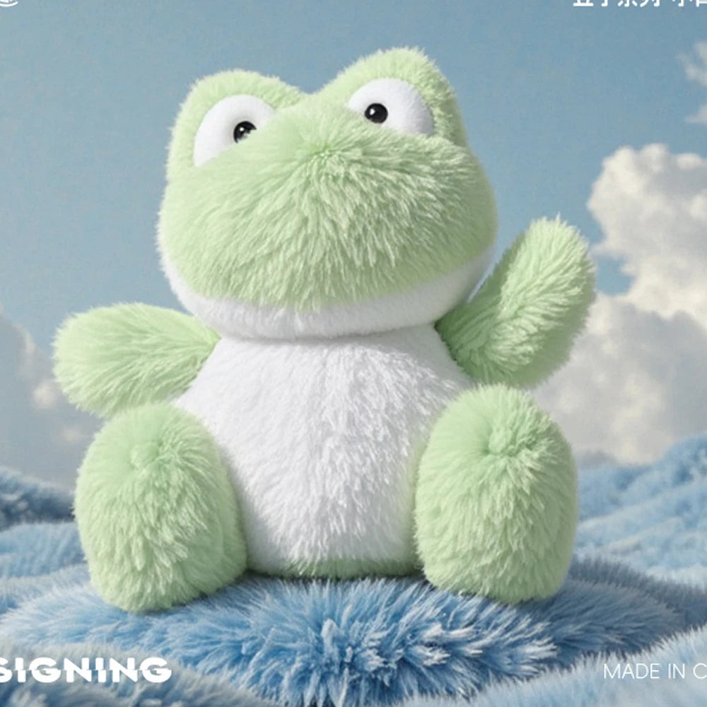 Kawaii Green Frog Plush Toys Fluffy Lying Frog Stuffed Animal Black Eyes Big Mouth Smiling Chubby Frog Soft Dolls Fun Gifts
