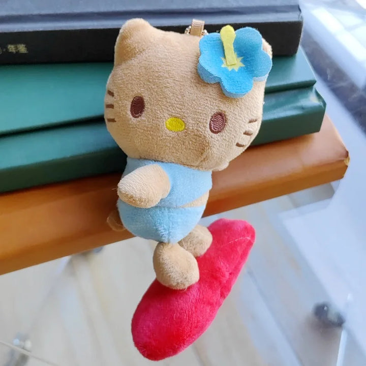 Kawaii Sanrio Hello Kitty  Black Skin Hawaiian Series Mermaid Surfboard  Keychain Plush Toys Backpack Pendant Girls Accessories