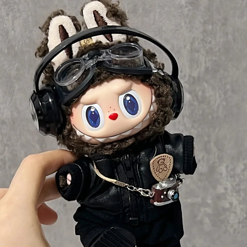 Clothes For Labubu Dolls 15/17Cm For LABUBU Sitting Party 1St 2Nd 3Rd Gen Black Leather Jacket Set Apparel Accessories