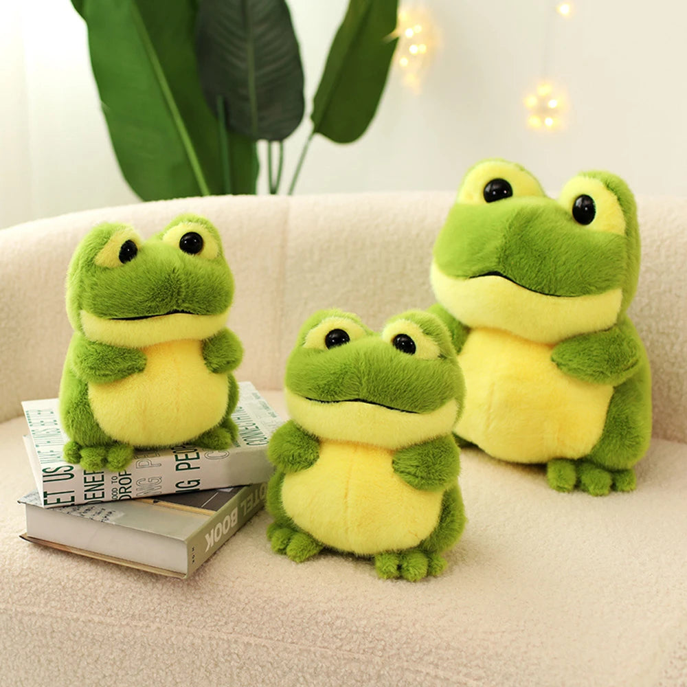 Kawaii Green Frog Plush Toys Fluffy Lying Frog Stuffed Animal Black Eyes Big Mouth Smiling Chubby Frog Soft Dolls Fun Gifts