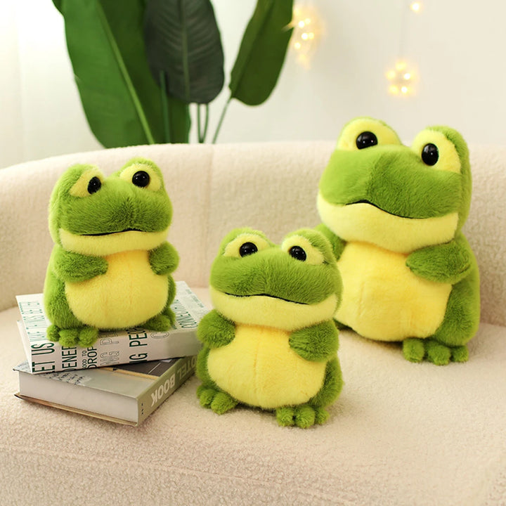Kawaii Green Frog Plush Toys Fluffy Lying Frog Stuffed Animal Black Eyes Big Mouth Smiling Chubby Frog Soft Dolls Fun Gifts