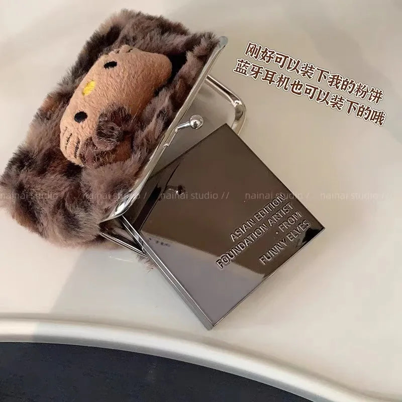 Kawaii Sanrio Hello Kitty Black Skin Leopard Print Plush Coin Purse Wallet Portable Earphone Storage Bag Girls Birthday Gifts