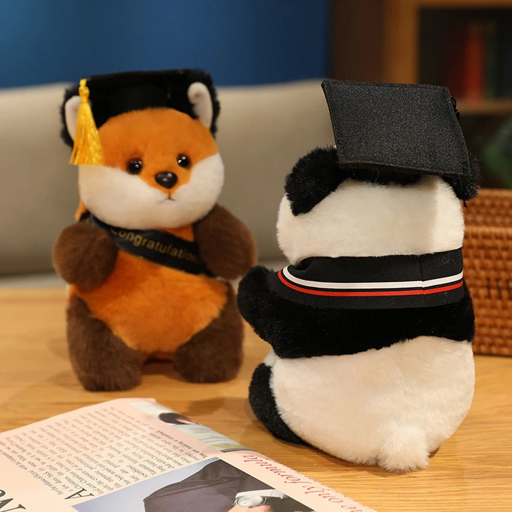 20cm Fluffy Fox Graduation Stuffed Animal Doctorate Bachelor Panda Plush Toys In Cap Gown Wearing Ribbons Souvenir Gifts Plushie