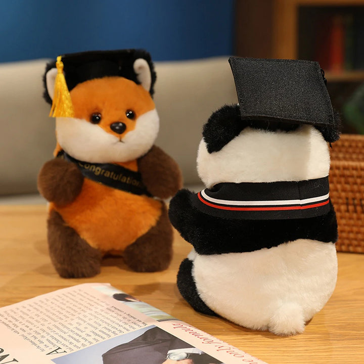 20cm Fluffy Fox Graduation Stuffed Animal Doctorate Bachelor Panda Plush Toys In Cap Gown Wearing Ribbons Souvenir Gifts Plushie