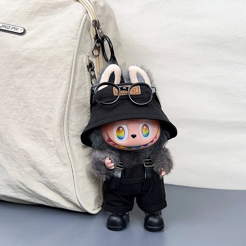 Labubu 1-3 Gen "High Energy Ahead" Outfit Set Open Black Hat + Leather Strap Overalls + Shoes Labubu 3.0 Doll Dress-Up Clothes