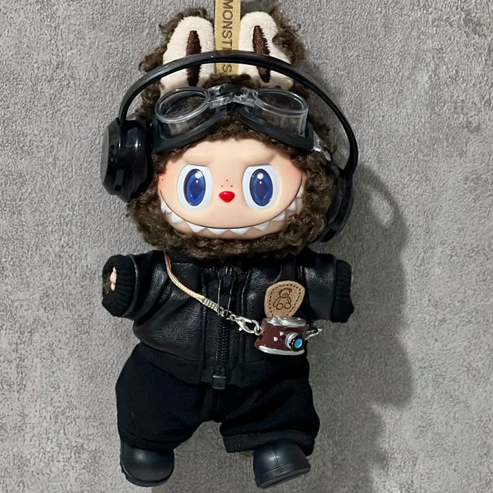 Clothes For Labubu Dolls 15/17Cm For LABUBU Sitting Party 1St 2Nd 3Rd Gen Black Leather Jacket Set Apparel Accessories