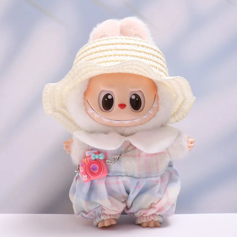 Labubu Doll Clothes Candy-colored Dress & Straw Hat Set 15/17cm Plush Doll'S Clothes Labubu I II III Idol Dolls Accessories