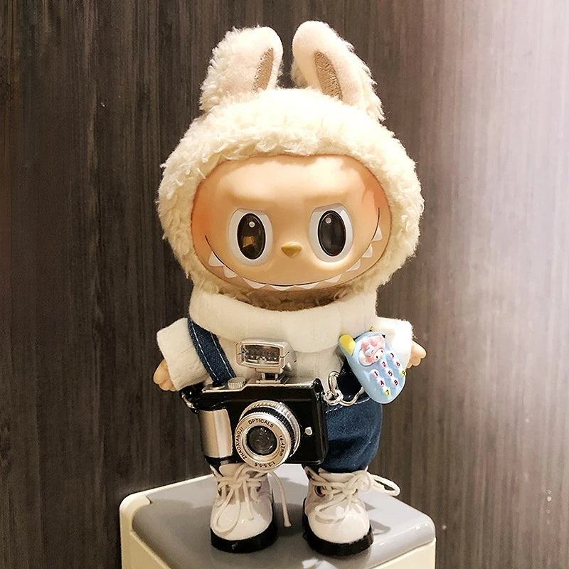 17cm Fashion Mini Labubu Clothes Camera Plush Hoodie Idol Dolls Jumpsuit Clothing Fans Overalls Accessories for Korea Kpop Exo