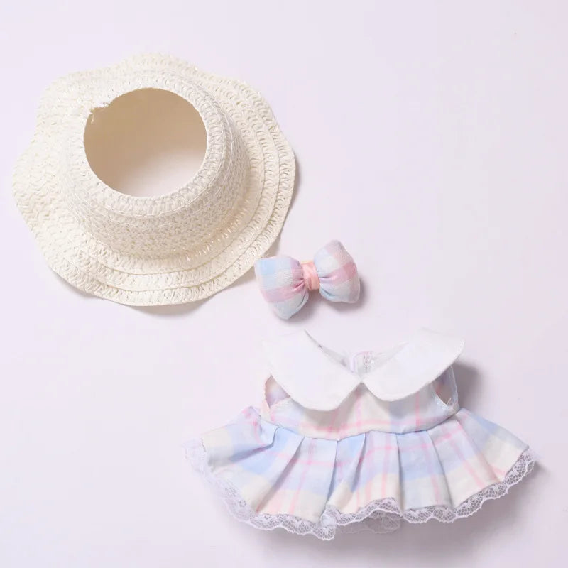 Labubu Doll Clothes Candy-colored Dress & Straw Hat Set 15/17cm Plush Doll'S Clothes Labubu I II III Idol Dolls Accessories