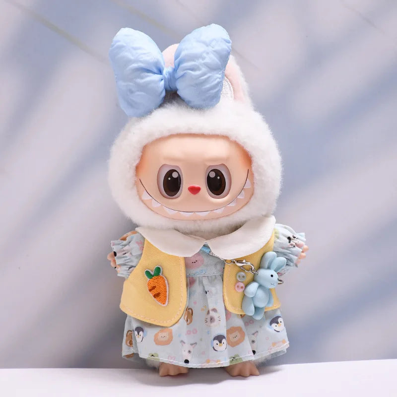 Labubu Doll Clothes Bow-Adorned Animal Print Dress Set with Rabbit Charm 17cm Plush Doll'S Clothes Labubu I II III Accessories
