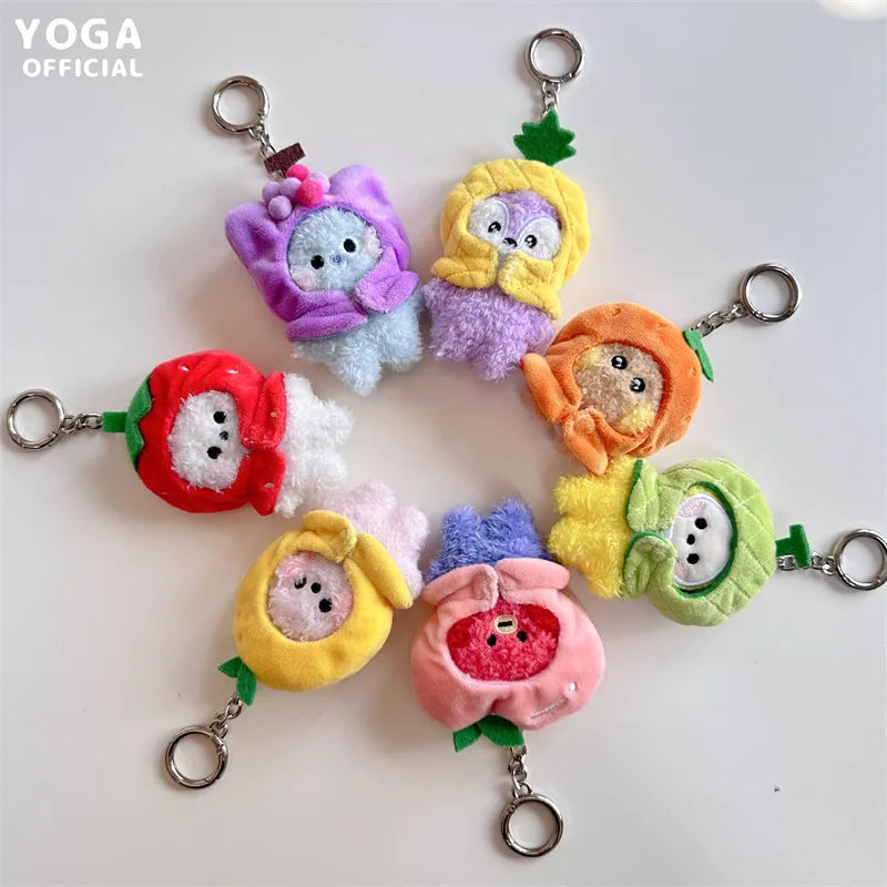 9Cm Kawaii Bt21 Small Animal Mini Plush Keychain knapsack Pendant Cartoon Fruit Headband Series Plush Doll Pendant Birthday Gift