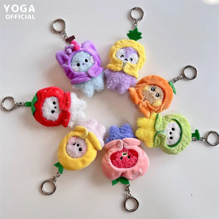 9Cm Kawaii Bt21 Small Animal Mini Plush Keychain knapsack Pendant Cartoon Fruit Headband Series Plush Doll Pendant Birthday Gift