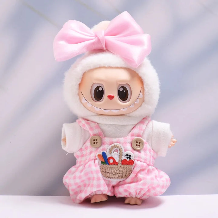 Labubu Doll Clothes Blue Plaid Overalls with Bow 15/17cm Plush Doll'S Clothes Labubu I II Idol Dolls Sitting Party Accessories