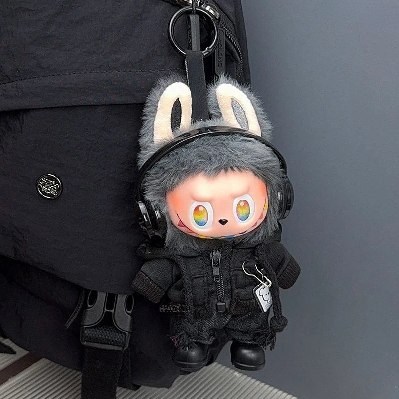 15/17cm Labubu Doll Clothes 1st/2nd/3rd Gen Fit Mr. Black Bear Hoodie Set with Headphone Plush Toy Outfits Halloween Decor