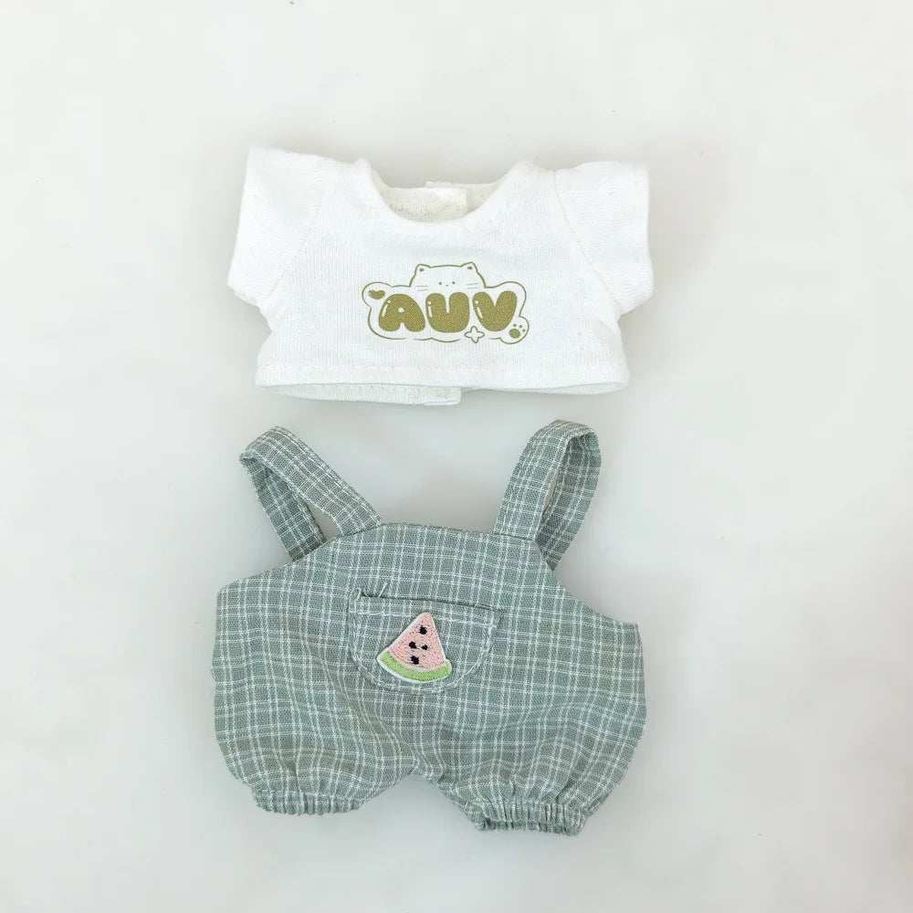 15cm/17cm Labubu Doll Clothing Sitting Party First And Second Generation Summer Straw Hat Short Sleeve Pants Set Accessories