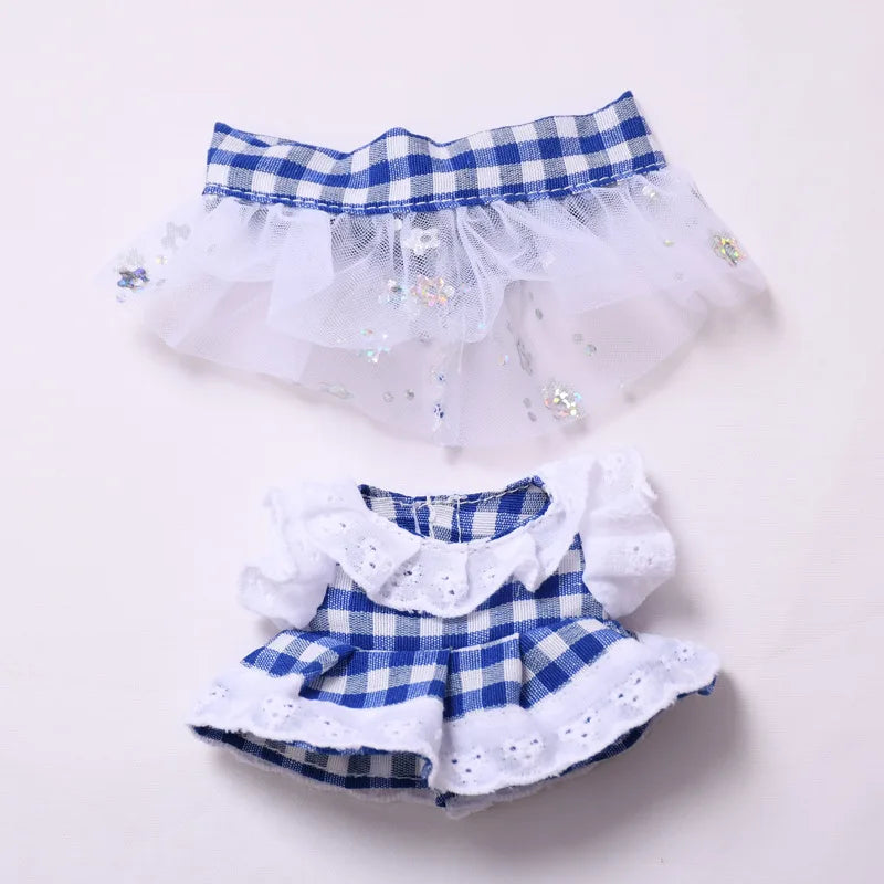 Blue Plaid Dress & Hair Bow Set 15/17cm Plush Doll'S Clothes Labubu I II Idol Dolls Sitting Party Accessories Kids Gift