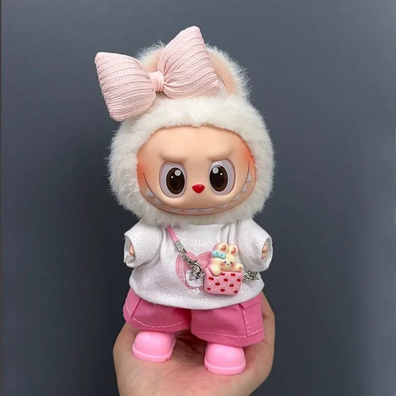 17cm Labubu 1-3 Gen Doll Outfits Cute White T-Shirt + Pink Cargo Pants + Headphones & Shoes Set Labubu Sitting Party Clothes
