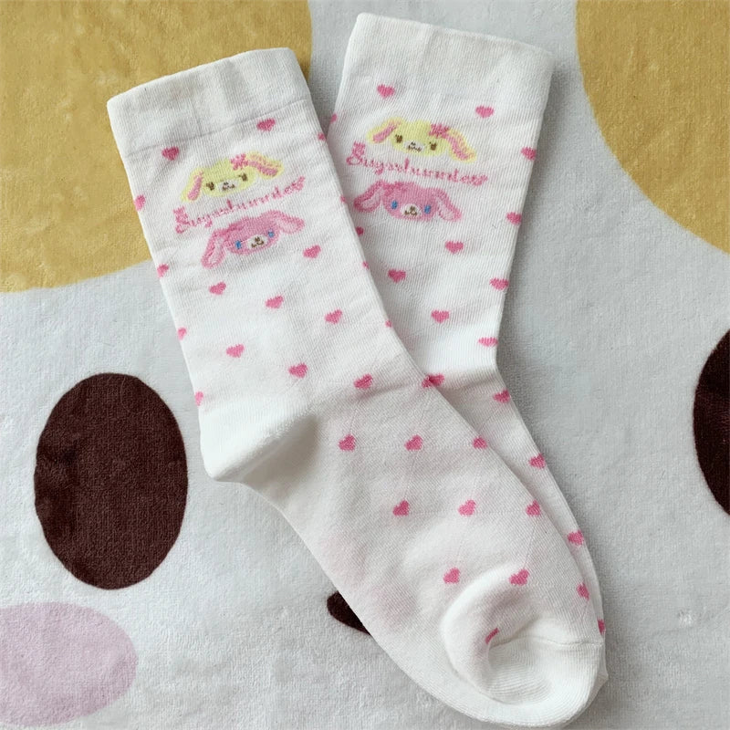 Cute Sugarbunnies Socks for Women Girls Heart-shape Hanausa Momousa Bunny Anime White Long Socks