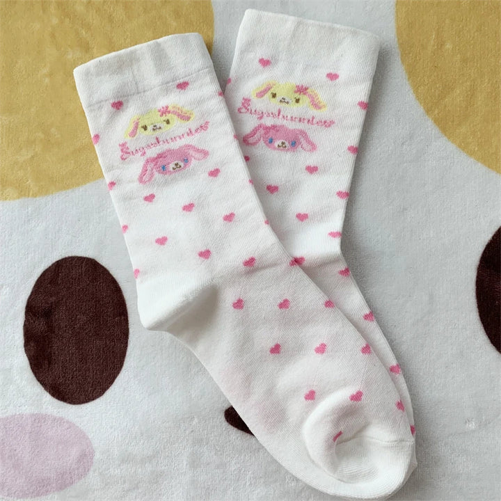 Cute Sugarbunnies Socks for Women Girls Heart-shape Hanausa Momousa Bunny Anime White Long Socks