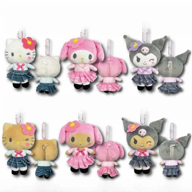 Anime Sanrios Cherry Blossom Sakura Heisei Black Leather Series Hello Kitty Kuromi Plush doll Keychain bag Pendant Y2KGirl Gifts