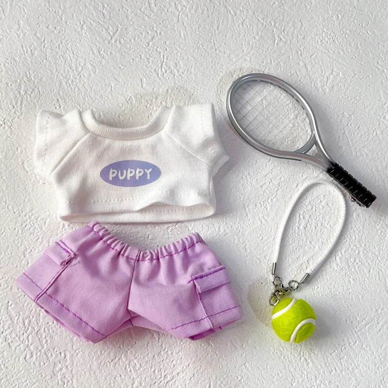 Labubu 1-3 Gen Outfits Purple/Pink T-Shirt Cargo Pants Set Tennis Bag Racket Purple Shoes/Headphones Labubu Doll Accessories