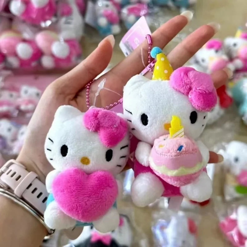 Kawaii Sanrio Hello Kitty Plush Pendant  Birthday cake Love heart Collection kitty toys Plush Doll Keychain Anime cute Key Ring