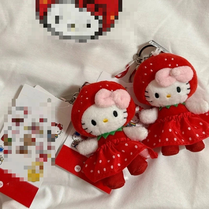 New Sanrios Strawberry Hello Kitty Plush Toys red dress Kitty Keychain Cartoon kitten Stuffed Doll Bag Pendent Accessories Gifts