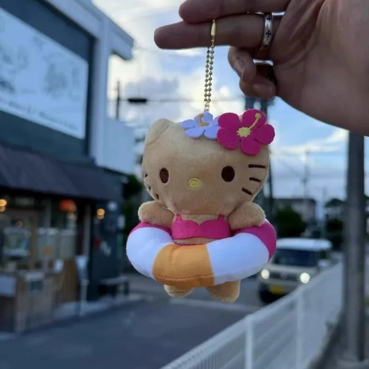 NEW Bikini hello Kittys Keychain Plush Doll Pendant Sanrios Hawaii Swim Ring Dark Skin Kitty Stuffed Doll Bag Accessories gift