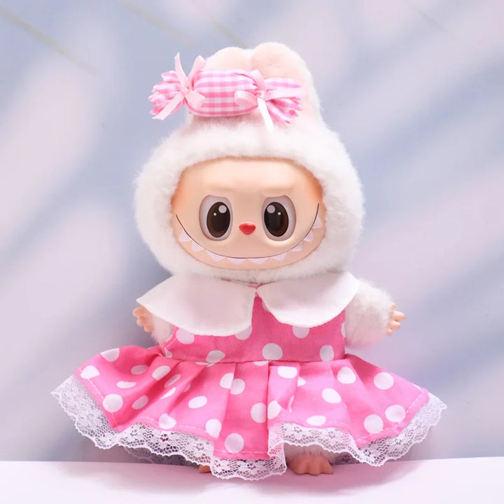 Labubu Doll Clothes Polka Dot Dress15/17cm Plush Doll'S Clothes Labubu I II Idol Dolls Sitting Party Accessories