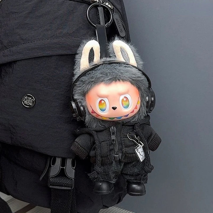 15/17cm Labubu Doll Clothes 1st/2nd/3rd Gen Fit Mr. Black Bear Hoodie Set with Headphone Plush Toy Outfits Halloween Decor