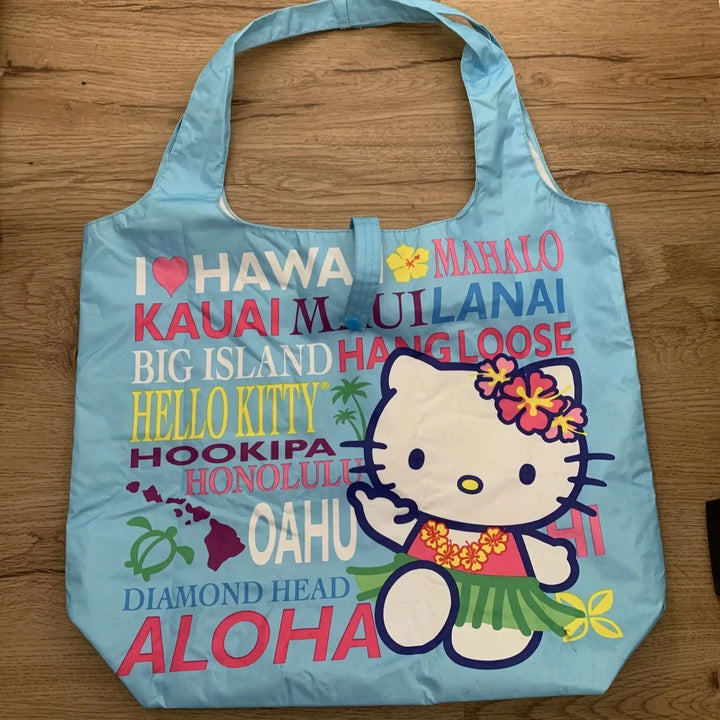 Sanrio Hellokitty Hawaiian Shopping Bag Cartoon Cute Storage Bag Collapsible Handbag Student Shoulder Bag Lunch Bag Shopping Bag