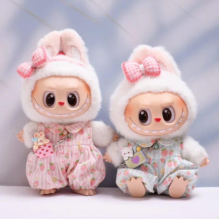 Strawberry Print Overall Set with Mini Rabbit Bag 15/17cm Plush Doll'S Clothes Labubu I II III Idol Dolls Accessories Kids Gift