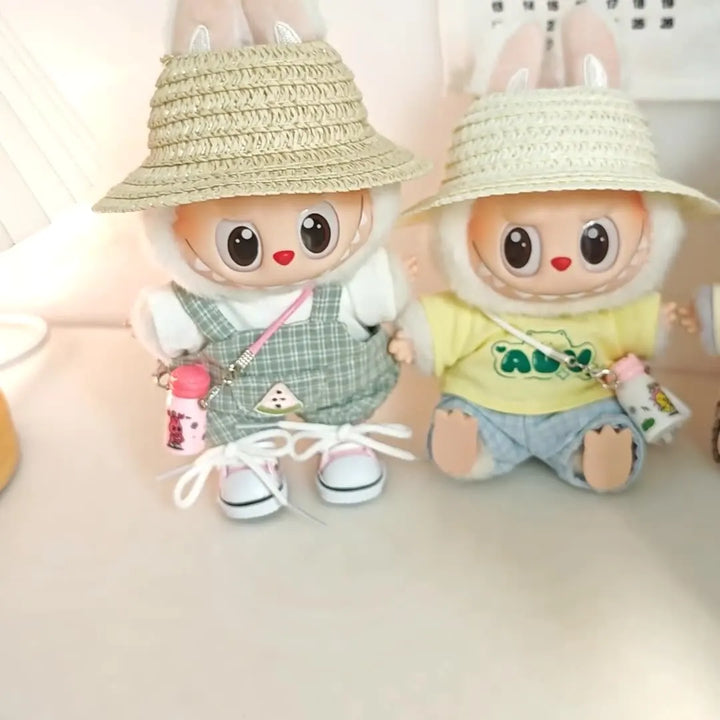 15cm/17cm Labubu Doll Clothing Sitting Party First And Second Generation Summer Straw Hat Short Sleeve Pants Set Accessories