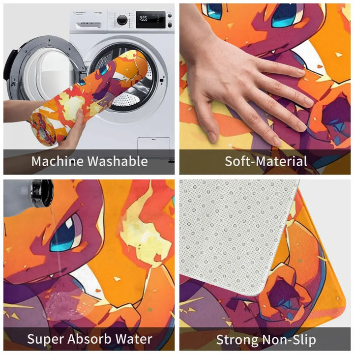 Anime Cartoon Charizard Memory Foam Bathroom Rugs Ultra Soft Non-Slip Pokemon Carpet Bath Mat Water Absorbent for Shower Tub