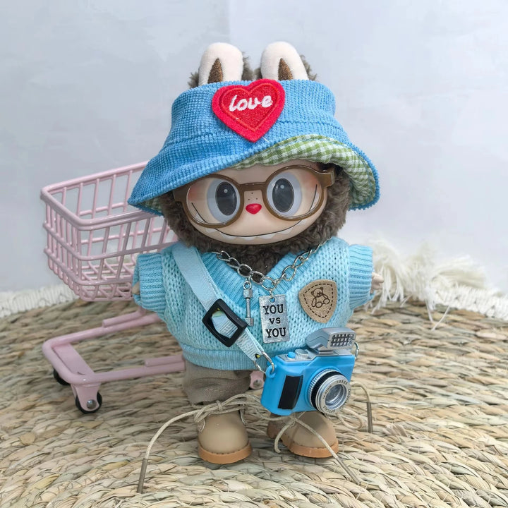 Labubu Doll Clothes Blue Outfit with Camera Hat Shoes Set 15/17cm Plush Doll'S Clothes Replacement Labubu I II Dolls Accessories
