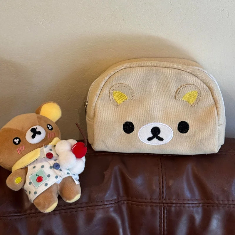 Kawaii Rilakkuma Canvas Storage Bag Cartoon Cute Makeup Bag Zero Wallet Portable Washing Bag Travelling Bag Cute Girl Gifts