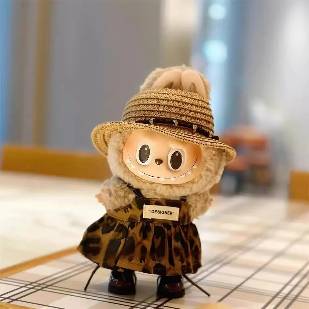 Labubu Doll Clothes Leopard Print Skirt Hat Shoes 15/17cm Plush Doll'S Clothes Labubu I II Idol Dolls Sitting Party Accessories