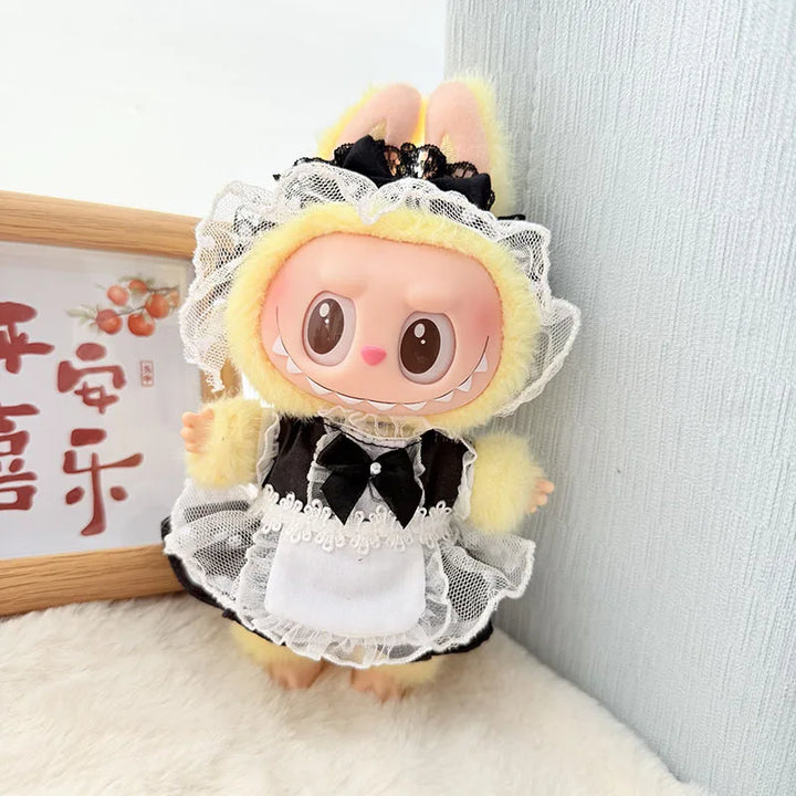17cm Labubu Idol Doll Plush Doll Checkered Black Yarn Maid Dress JK Skirt Clothing Accessories Korean Kpop Exo Girl Gift