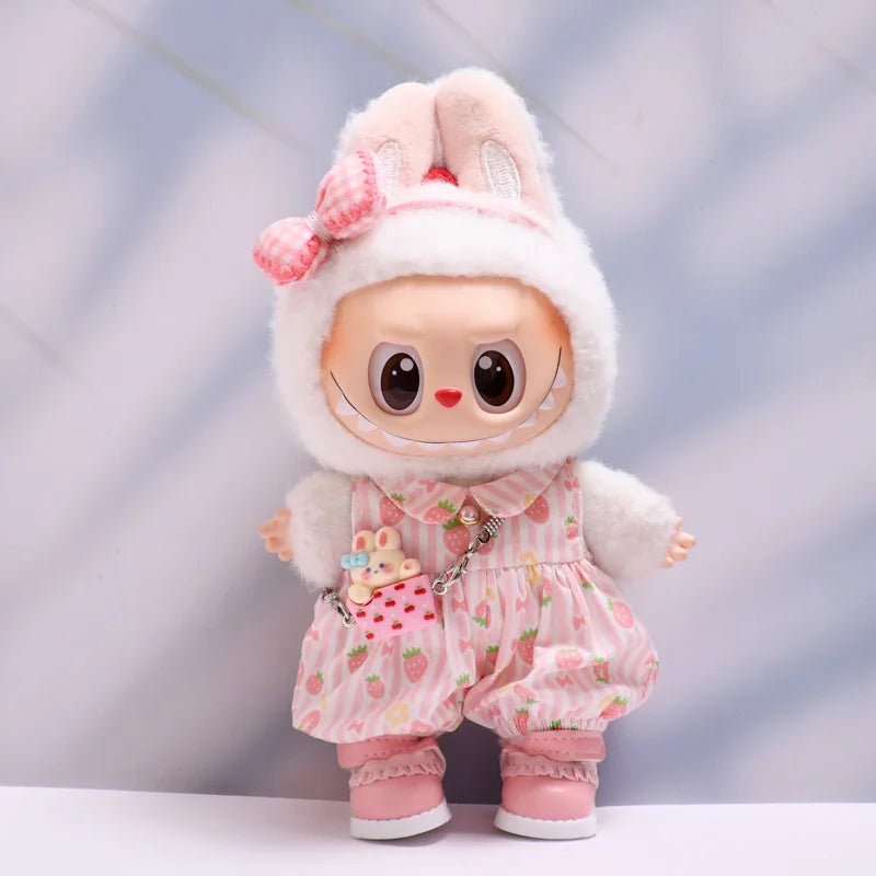 Strawberry Print Overall Set with Mini Rabbit Bag 15/17cm Plush Doll'S Clothes Labubu I II III Idol Dolls Accessories Kids Gift