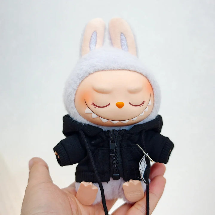 15/17cm Labubu Doll Clothes 1st/2nd/3rd Gen Fit Mr. Black Bear Hoodie Set with Headphone Plush Toy Outfits Halloween Decor
