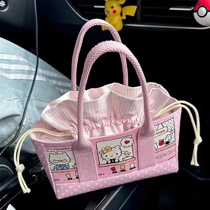 In Stock Hello Kitty Summer Series Cute Girl Handbag Makeup Storage Bag Shoulder Bag Gifts Canvas Bag Casual Versatile